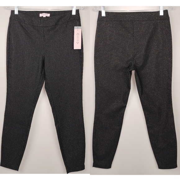 NWT Nanette Lepore High Waist Skinny Pull-On Pants in Blk w/ Gold Pinstripes - Picture 1 of 10